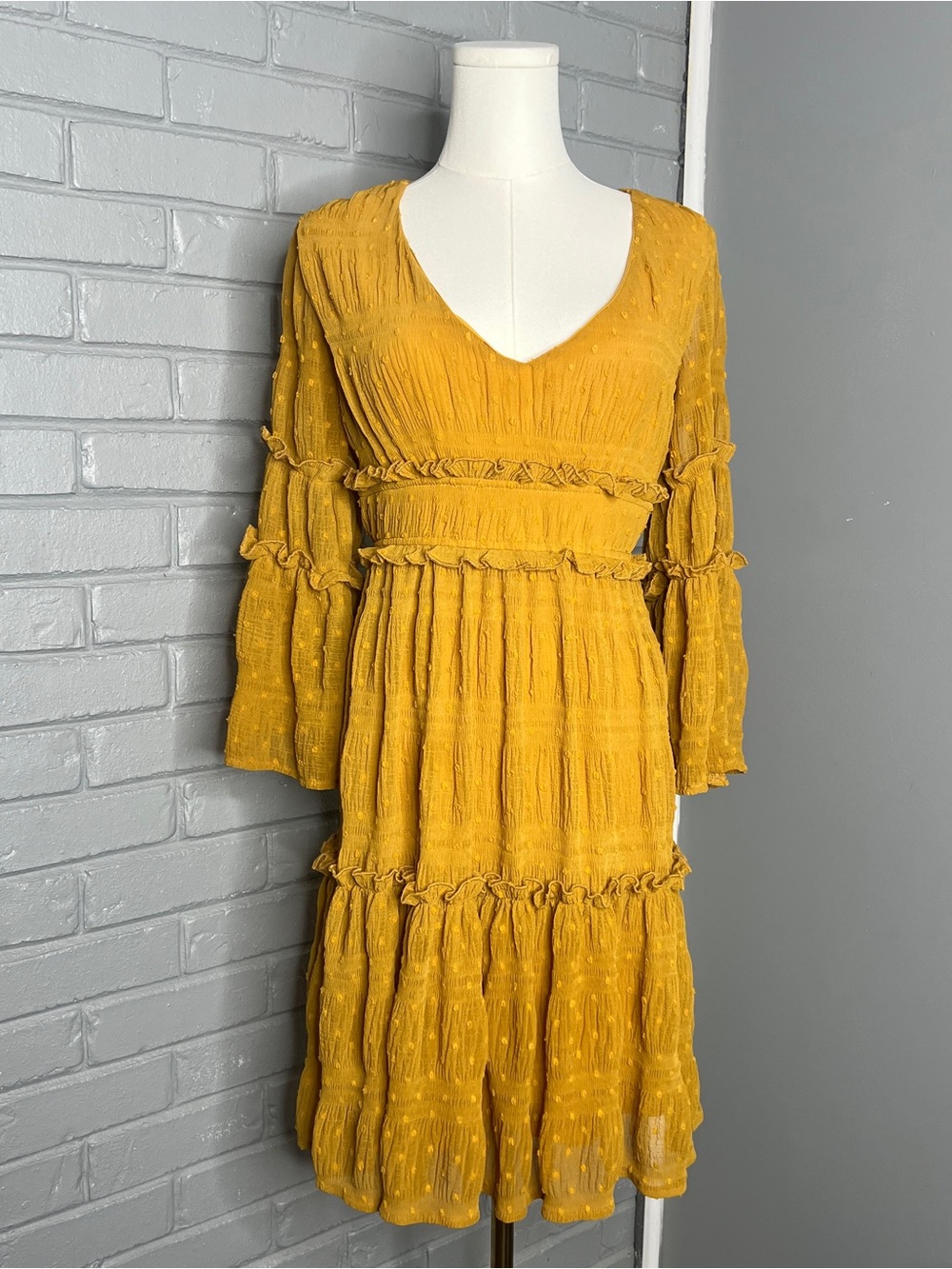 Sage The Label Mustard Yellow V-Neck Tiered Midi Ruffled Textured Dress - Small